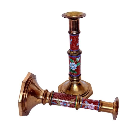 Cloisonne Brass Candlestick Holders Floral Bird Set Of 2 VTG Eclectic Home Decor - Picture 3 of 15